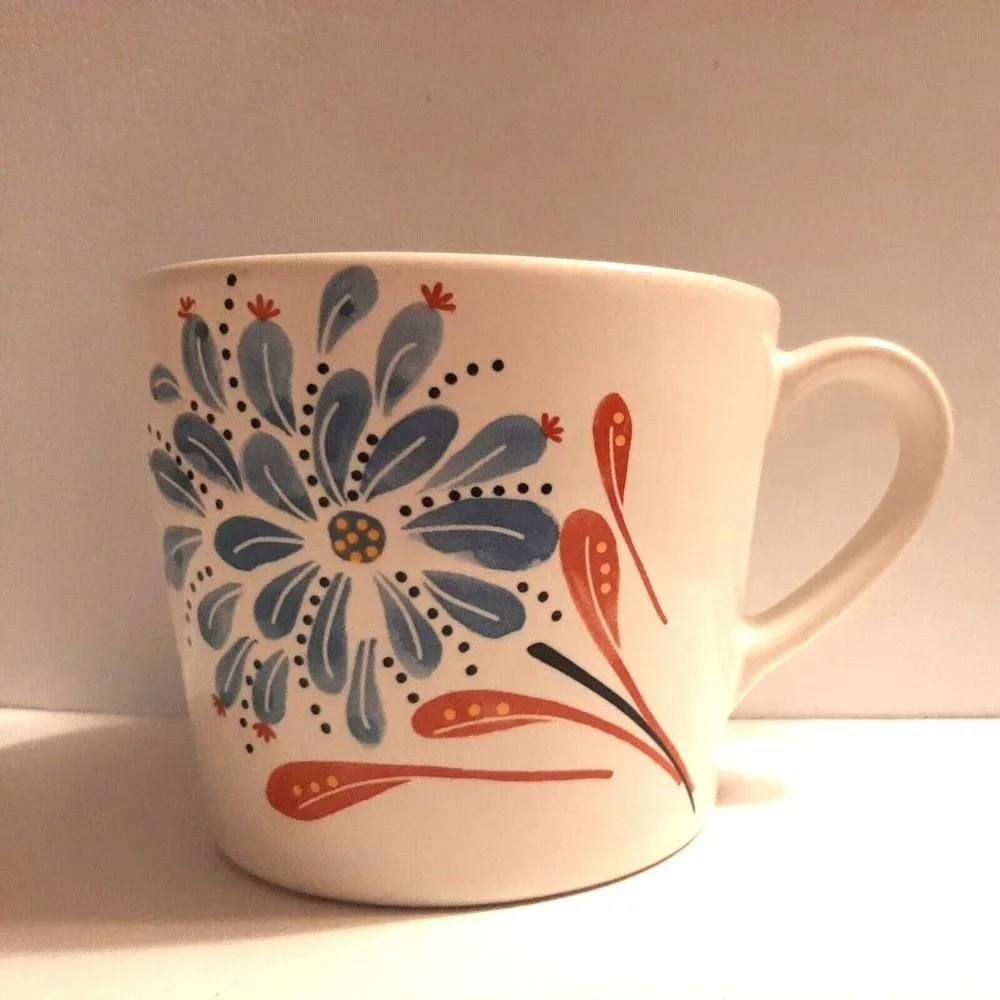 Ikea Finstilt Ceramic Mug White with Blue and Orange Flower 10 oz